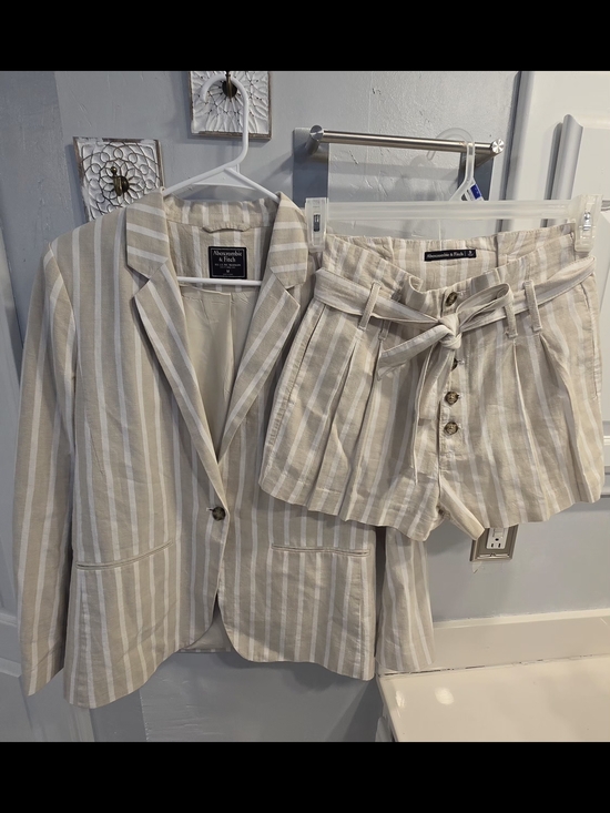 Abercrombie & Fitch Jackets & Blazers - Abercrombie & Fitch Beige and White Striped Linen Blazer with Belted Shorts